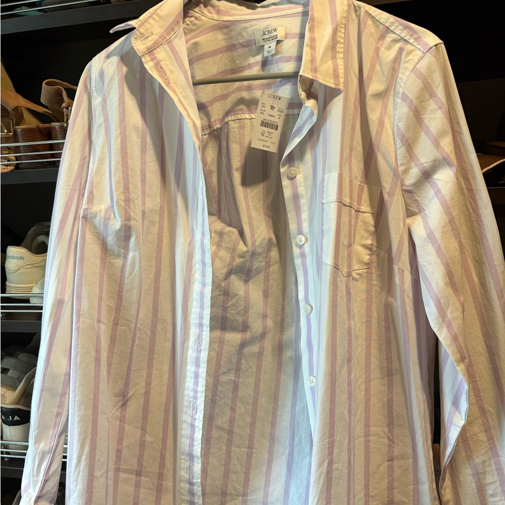 J. Crew Men's White and Purple Striped Shirt